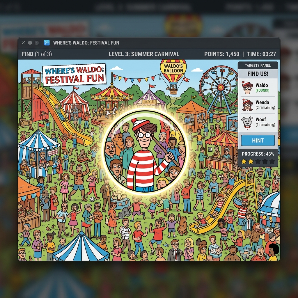Where's Waldo Game desktop app preview showing a hidden object puzzle